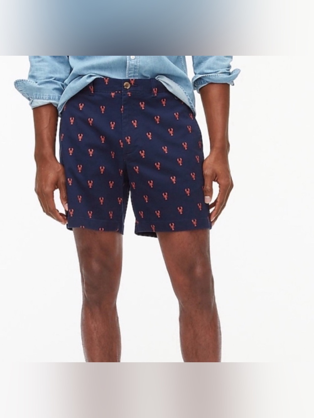 J.CREW Mens Summer Navy Blue w/ Red Lobster Print 5in Inseam Short Shorts Sz34
